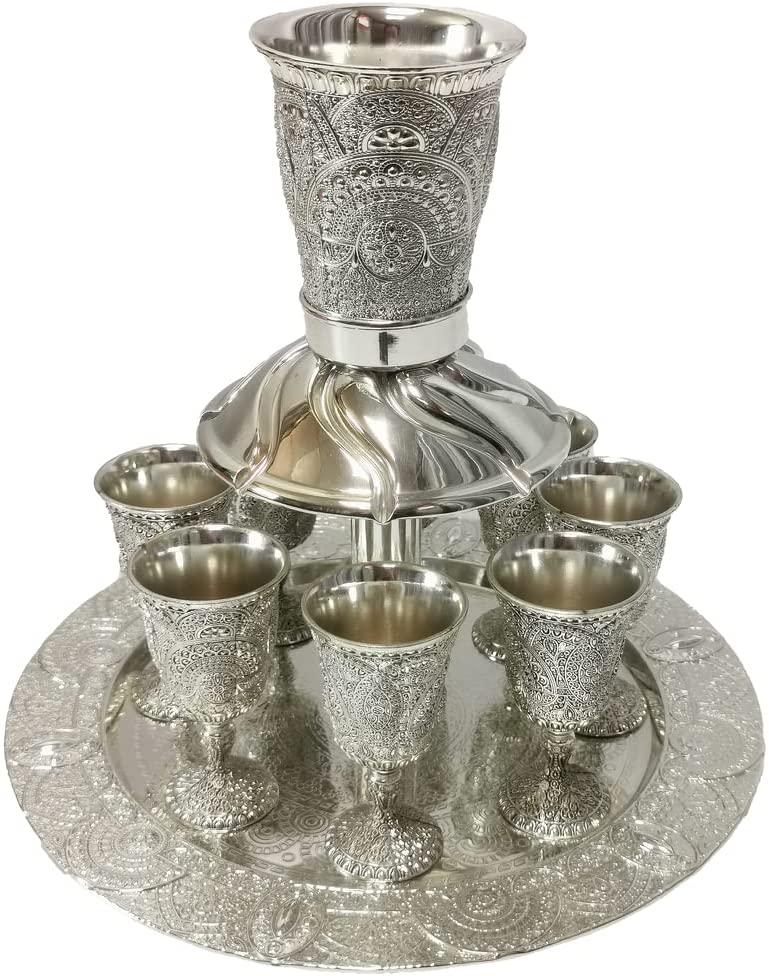 (D) Judaica Silver Plated Kiddush Fountain with Lacquer Set of 7 Pc 9.65" x 9"