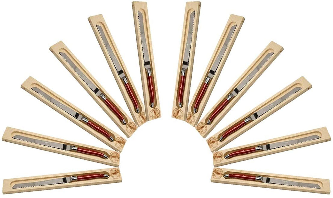 (D) Bread Knife Laguiole French Hand Made in Wood Box, Vintage (12 PC, Red)