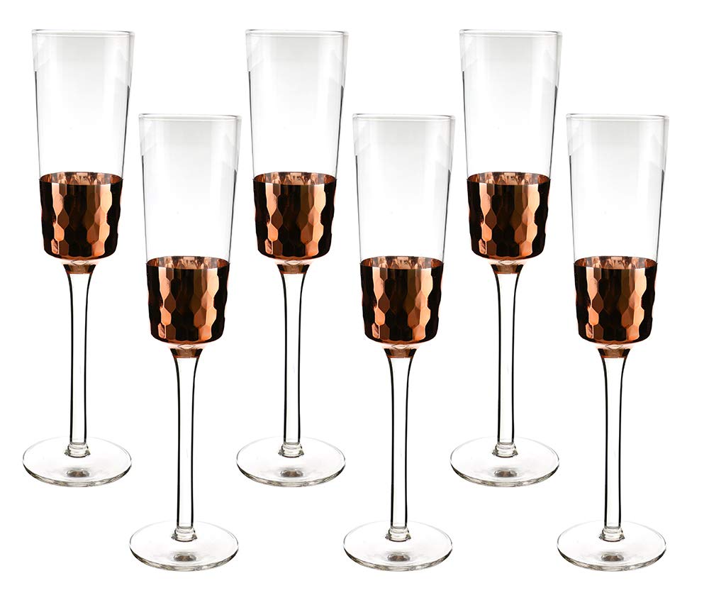 (D) Crystal Wine Flute Glasses with Copper Bowl Fish Scale Design, Set of 6