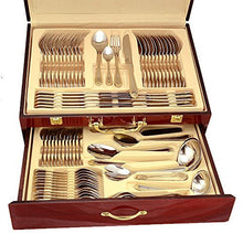 Italian Collection 'Florence' 75-Piece Premium Surgical Stainless Steel Silverware Flatware Set 18/10, Service for 12, 24K Gold-Plated Hostess Serving Set in a Wooden Case