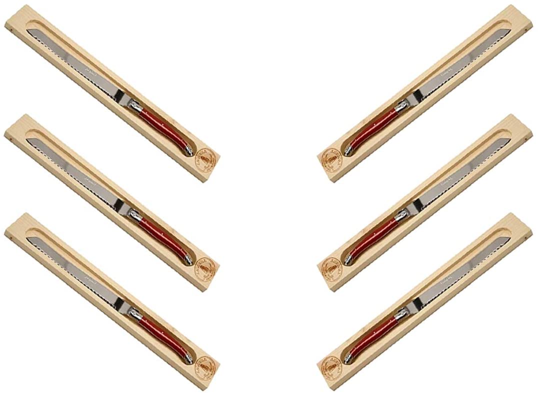 (D) Bread Knife Laguiole French Hand Made in Wood Box, Vintage (6 PC, Red)