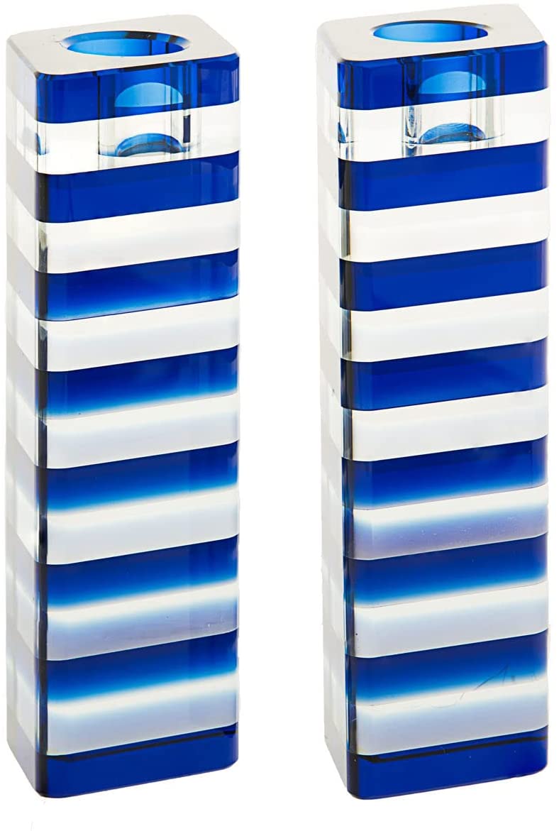 (D) Judaica Blue Stripe Crystal Candlesticks Jewish Set 2pc Shabbat Collection