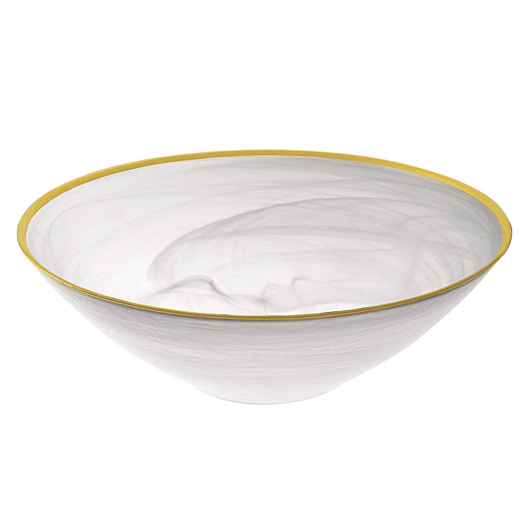 (D) Elegant White Alabaster Glass Round Bowl Decorated with Gold Trim 10 Inches