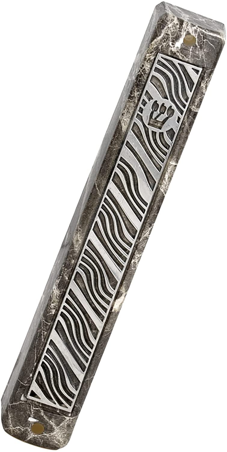 (D) Judaica Plastic Marble Style Mezuzah Case, Metal (5.9'', Silver Waves)