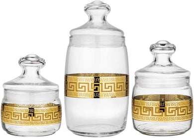 3 pc Condiment Kitchen Canister Set with Gold Ornament Food Storage Glass Jars