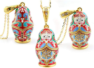 (D) Russian Souvenirs Nesting Dolls Matryoshka Enamel Pendant Silver 925 (Red)