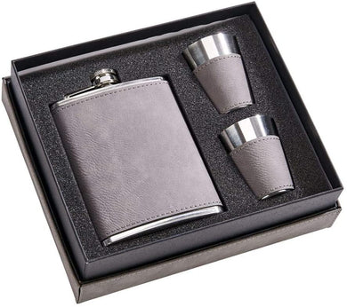(D) Flask Stainless Steel 8 Oz with 2 Cups Men Gift Idea, Barware (Grey)