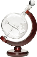 Large 50 Oz 'Plane' Handmade Whiskey Liquor Etched Globe Decanter on Wooden Stand