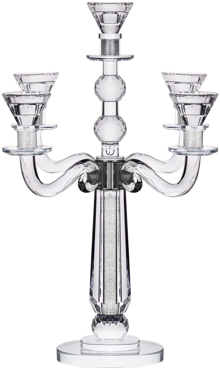 (D) Judaica Crystal Clear Candelabra Middle Stem 2 Ball (5 Arm 38cm H)