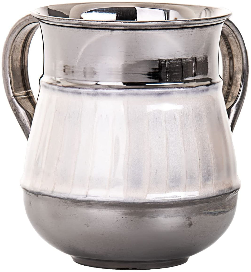 (D) Judaica White Wash Cup with White Enamel Decor 5.5 Inches