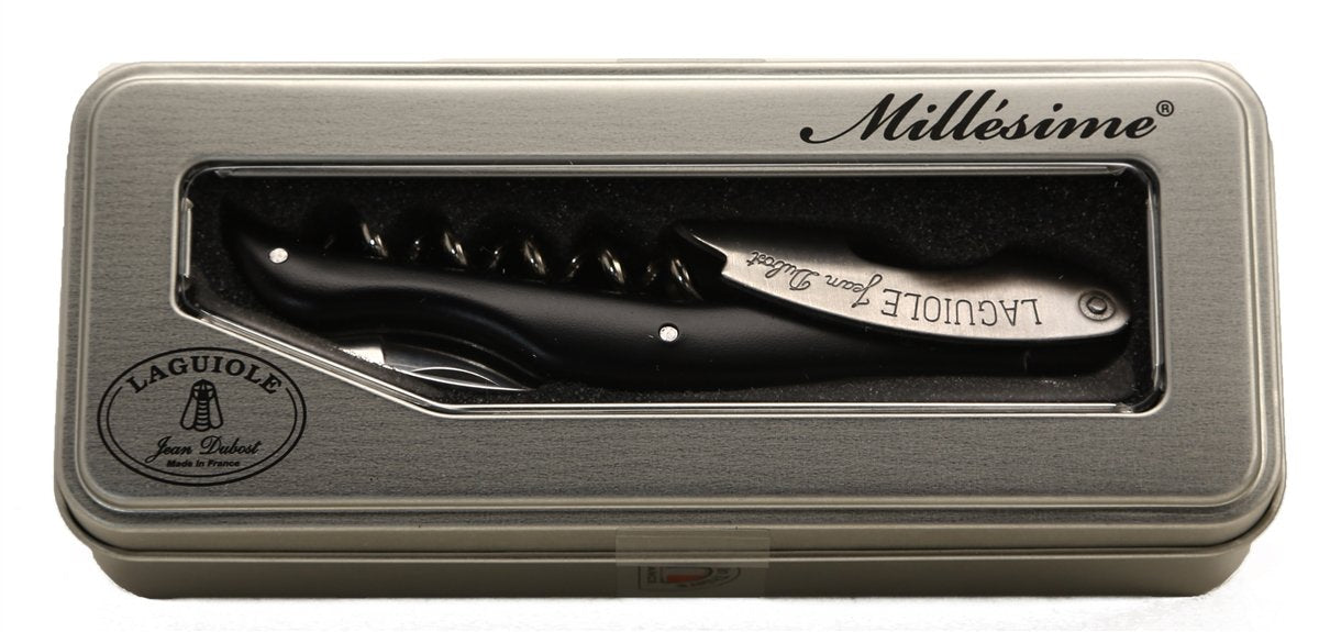 (D) Laguiole French Hand Made Black Wine Waiter in a Metal Box, Vintage