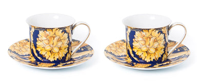 Royalty Porcelain Luxury Tea or Coffee Cup Set, 24K Gold (4 PC, Floral Blue)
