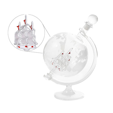 Ship Decanter Hand Blown Clear Glass on Stand for All Types of Alcohol and Other Liquids Etched World Map Globe