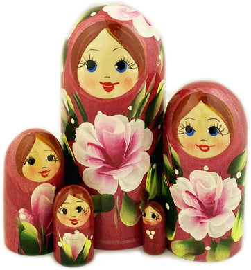 (D) Russian Souvenirs Nesting Dolls Matryoshka Floral Ornament 5 Pc (Pink)