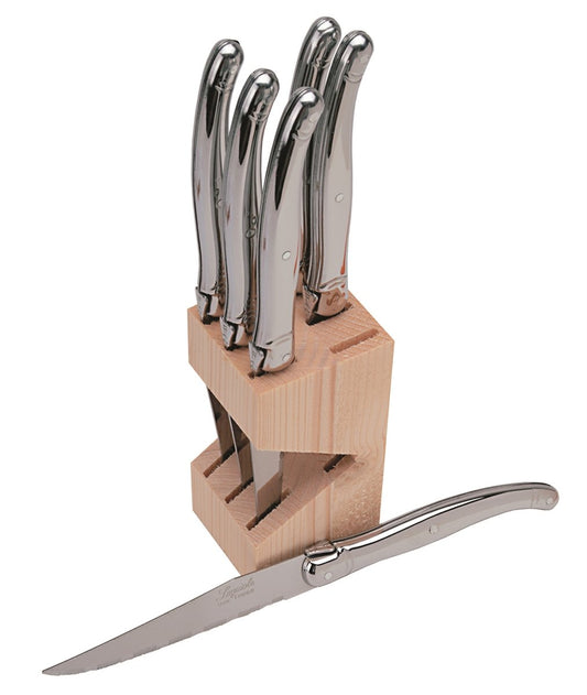 Laguiole Steak Knives in Wooden Block - 6 pc. Stainless Steel Knife