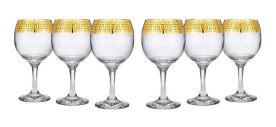 Elegant Crystal Wine Goblet Stem Glasses 6-pc, Greek Key 'Antique Greek', Hand Blowed
