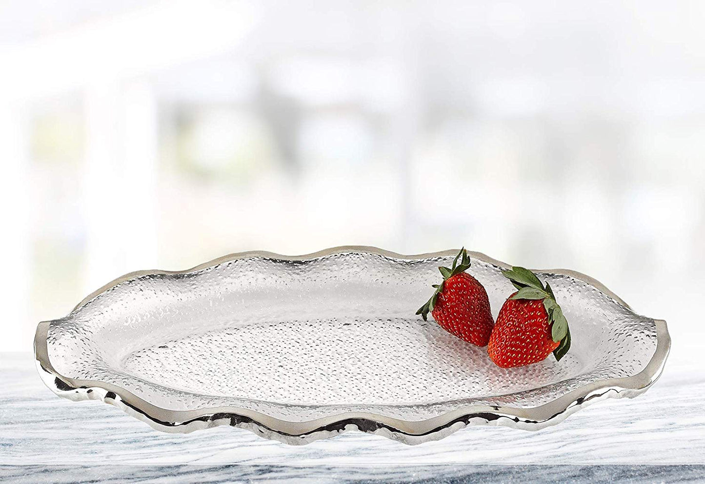(D) Handcrafted 'Silveredge' Oval Wavy Serving Platter 14" with Silver Rim