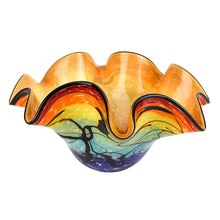 (D) Handcrafted Allura Murano Art Rainbow-Colored Glass Decorative Wavy Bowl 17" D, Murano Style Artistic Colorful Design