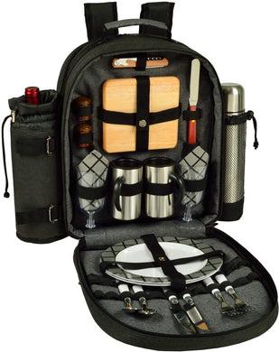 (D) Two Person Coffee Backpack Bag, Fully Equipped Picnic Set with Flask Charcoal