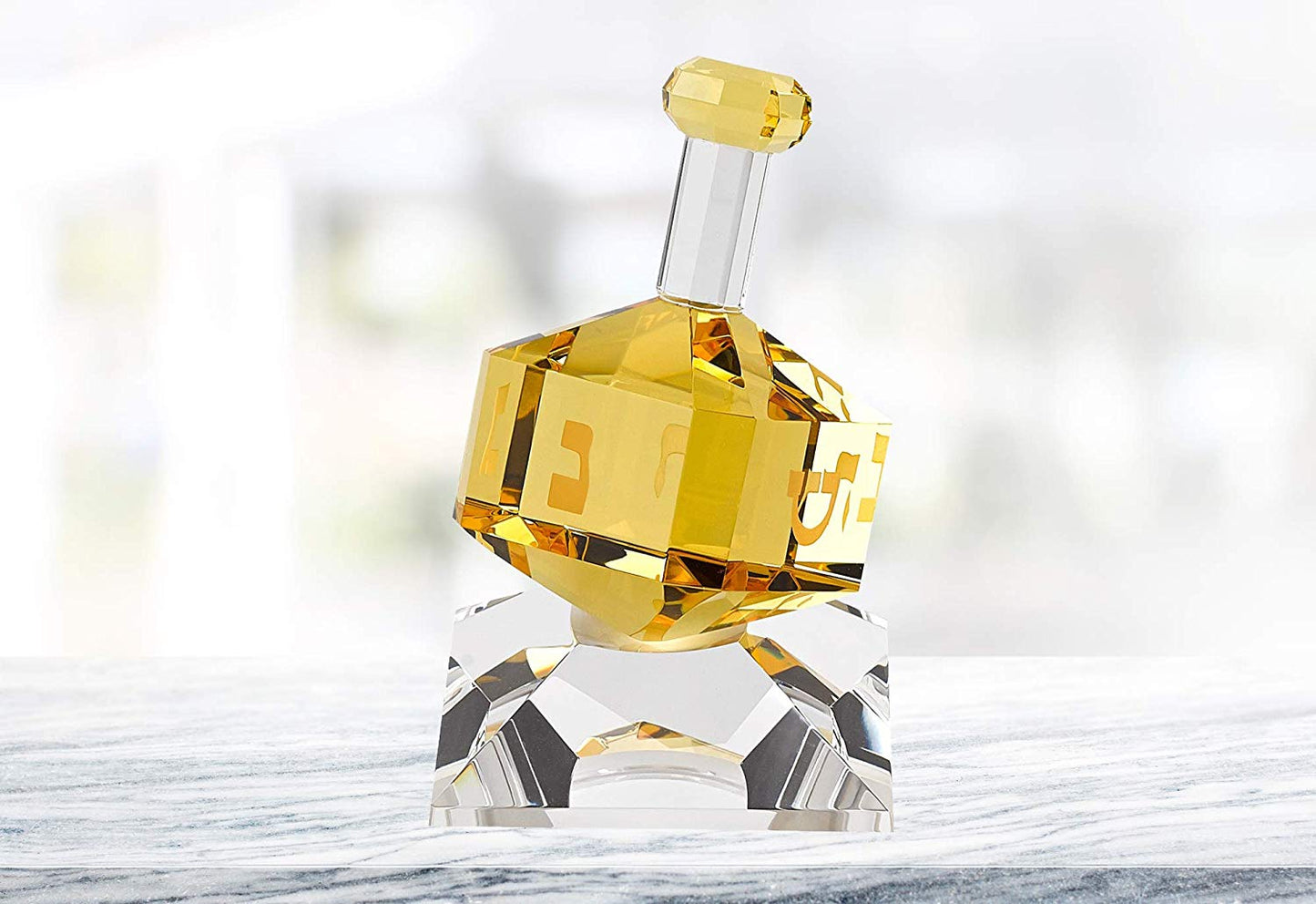 (D) Handcrafted Crystal Amber Dreidel Centerpiece Figurine on Stand 3"H