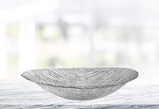 (D) Handcrafted Glass Serving Oval Bowl 15" with Metallic Silver Line Pattern