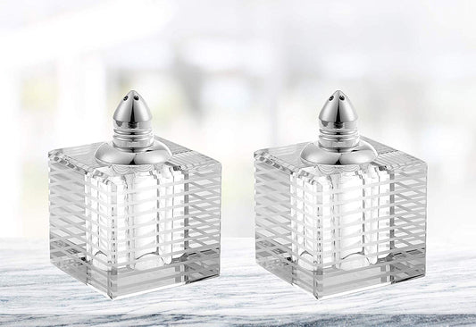 (D) Handcrafted 'Pinstripes Silver' Crystal Glass 2-pc Salt & Pepper Shakers Set