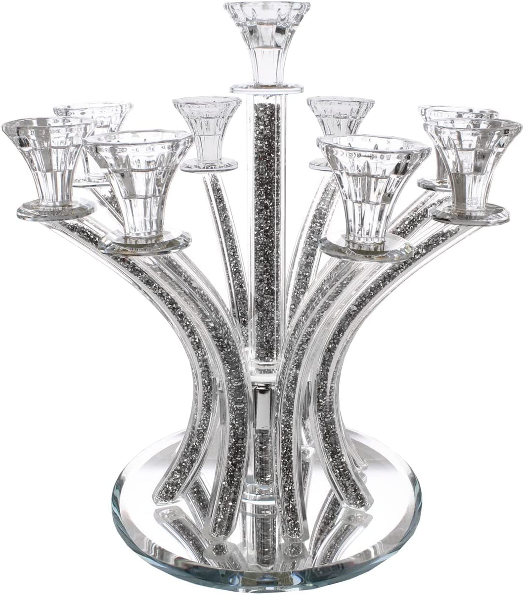 (D) Judaica Crystal Candelabra with Stones 9 Arms Candle Holders (Silver)