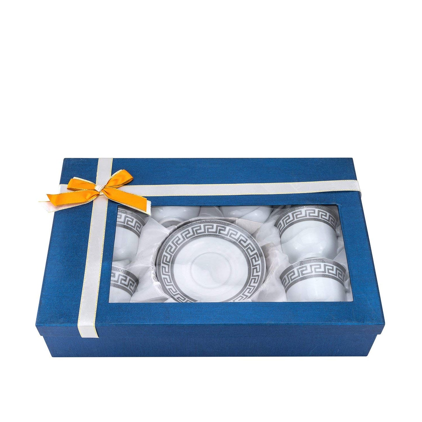 12 Piece Tea or Coffee Set Greek Key Design, Fine Porcelain (Silver)