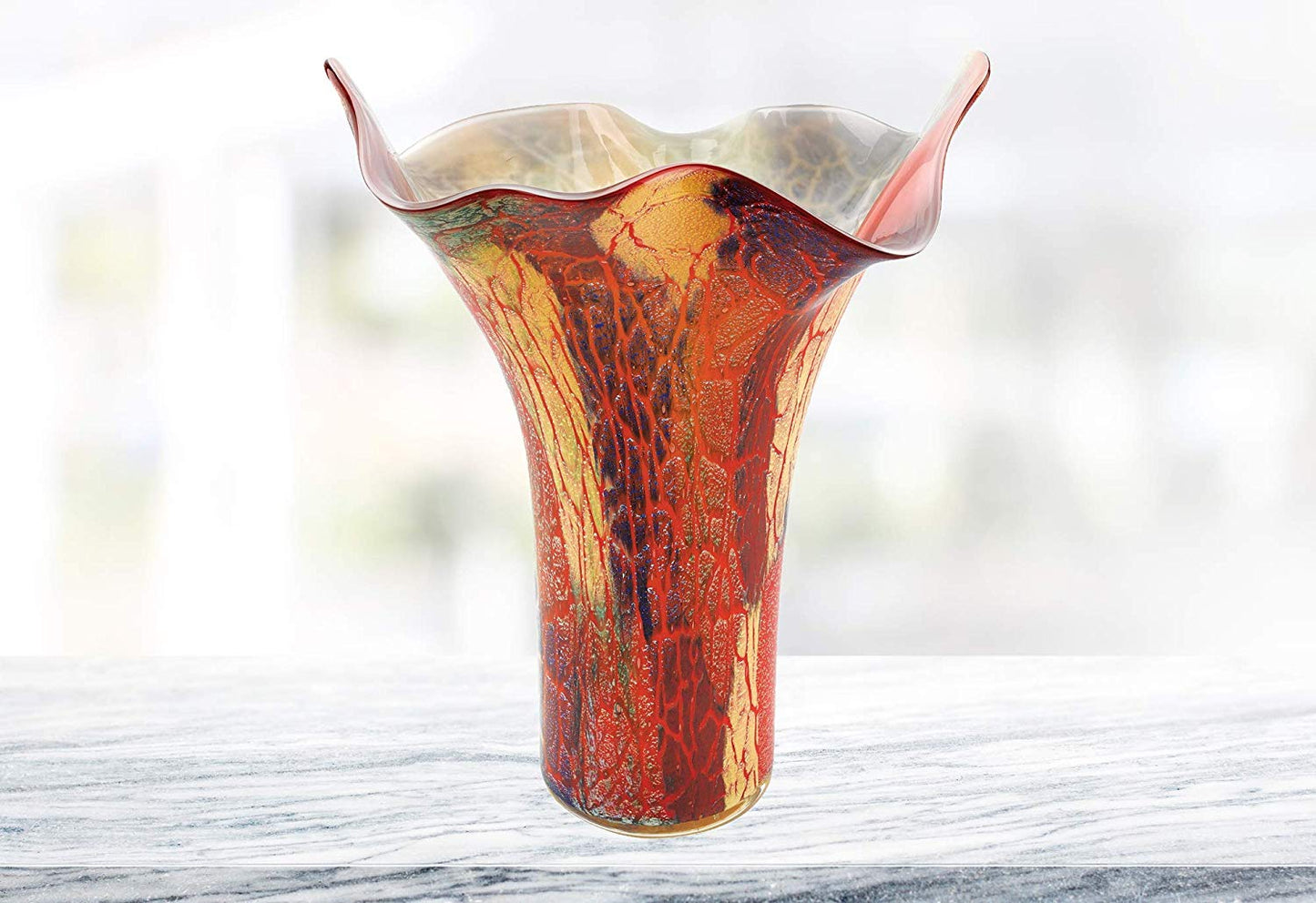 (D) Handcrafted 'Firestorm' Murano Style Art Glass Decorative Napkin Flower Vase 17", Murano Style Artistic Colorful Design