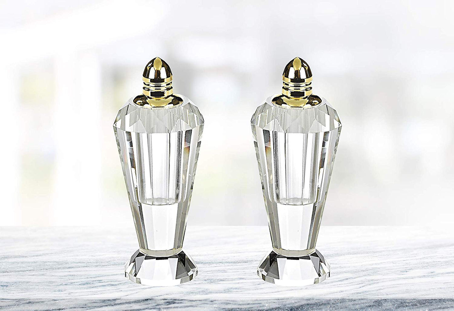 (D) Handcrafted 'Preston Gold' Crystal Glass 2-pc Salt & Pepper Shakers Set (H192G)