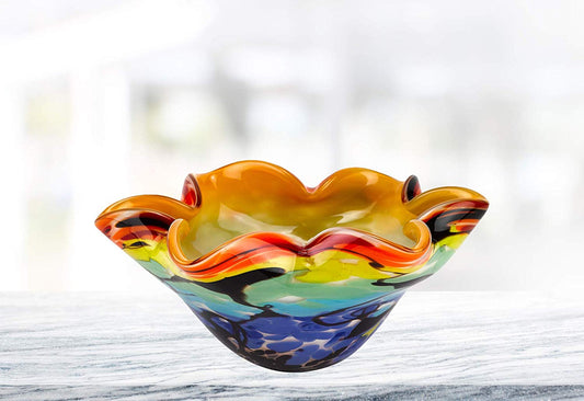 (D) Allura Murano Art Rainbow-Colored Glass Decorative Wavy Bowl, Murano Style