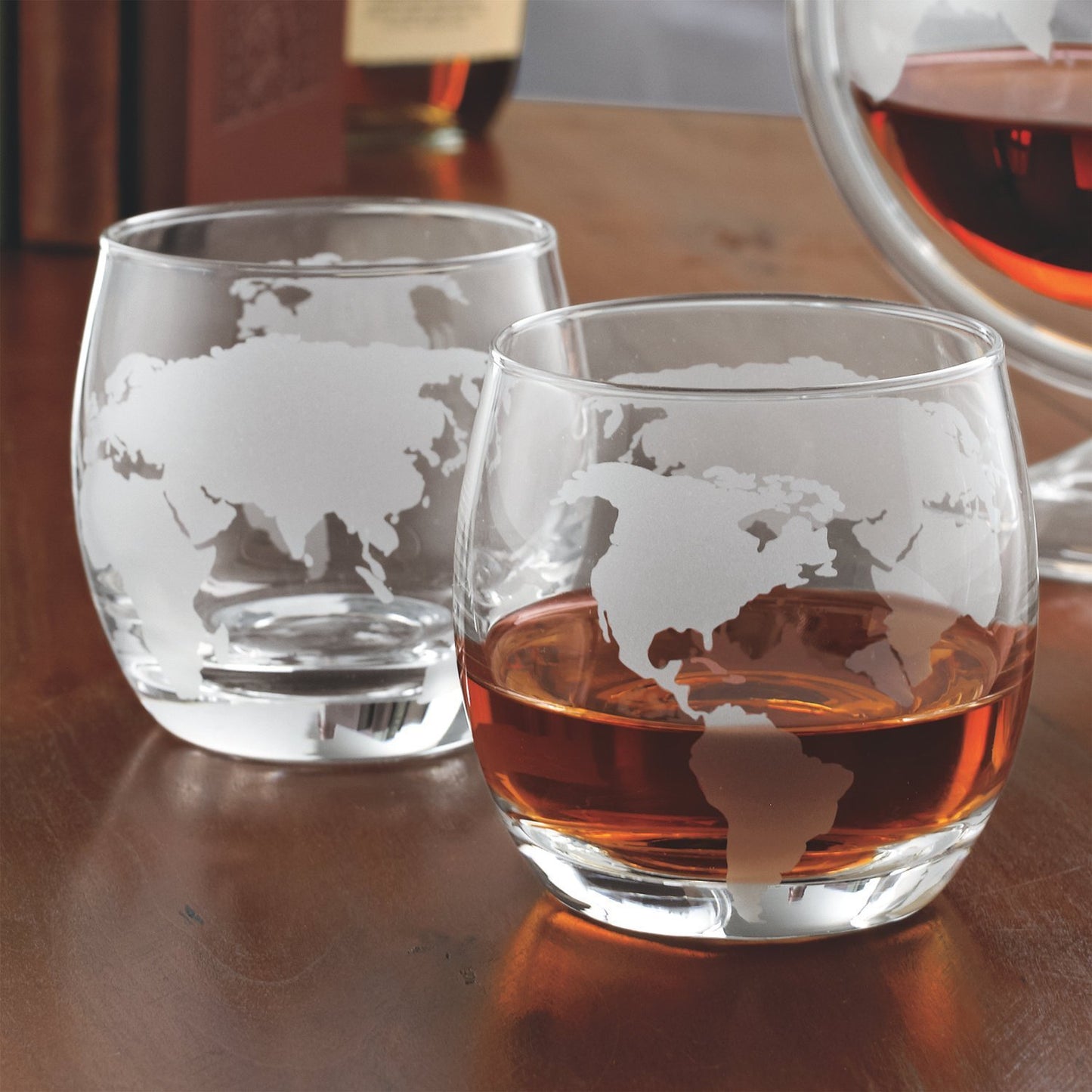 Denizli Etched Globe DOF 10 Oz Whisky Glasses, Liquor Glassware, Set of 4