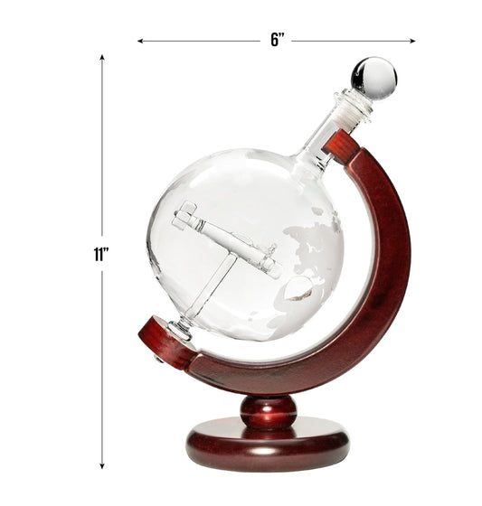 Large 50 Oz 'Plane' Handmade Whiskey Liquor Etched Globe Decanter on Wooden Stand