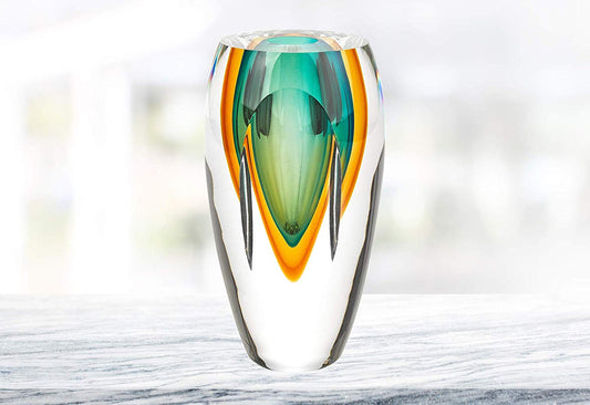 (D) Handcrafted 'Astra' Murano Art Glass Green Decorative Oval Flower Vase 8"