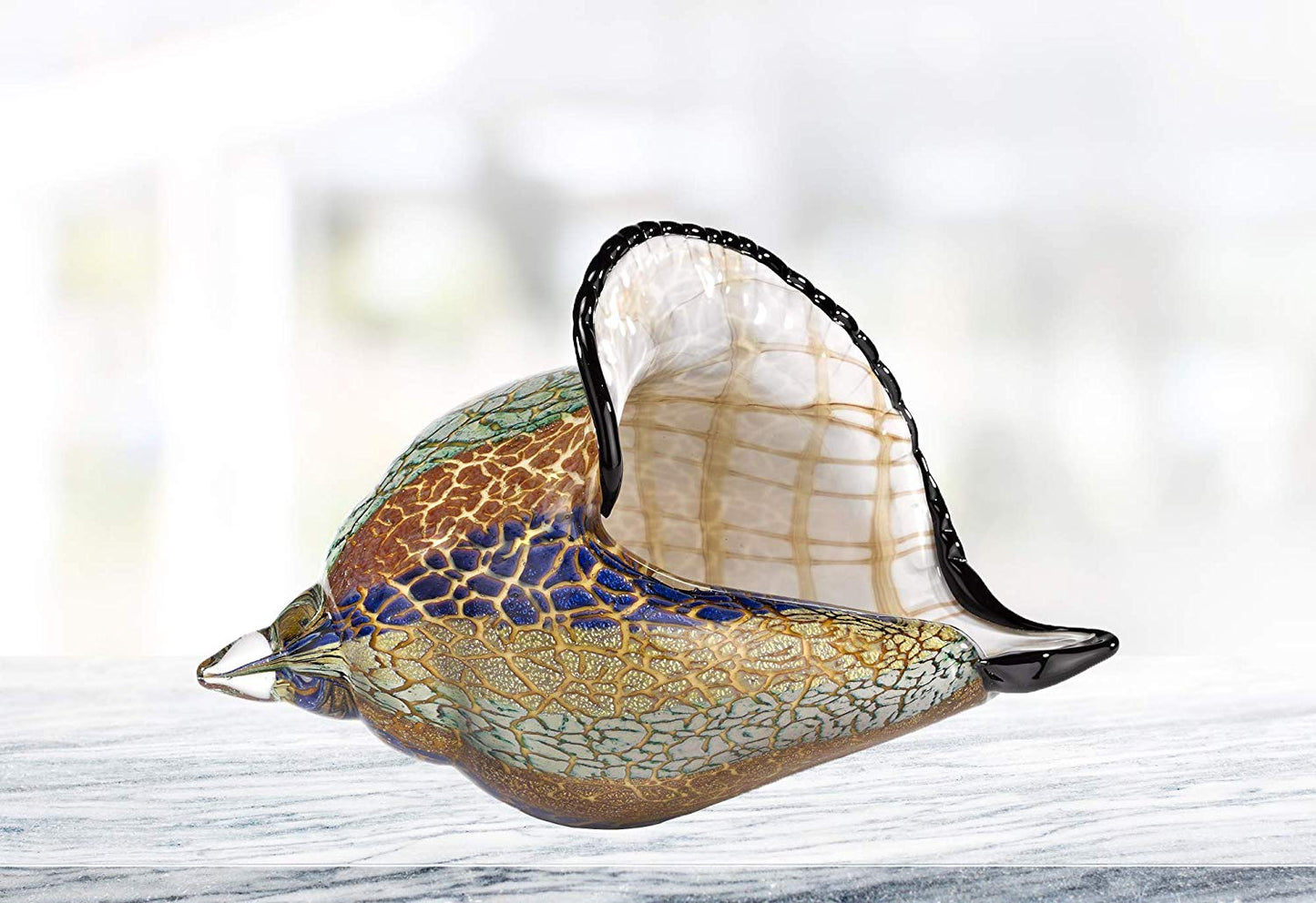 (D) Handcrafted 'Firestorm' Murano Art Glass Conch Shell Figurine 8" on Base