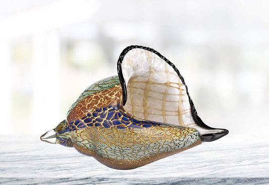(D) Handcrafted 'Firestorm' Murano Art Glass Conch Shell Figurine 8" on Base