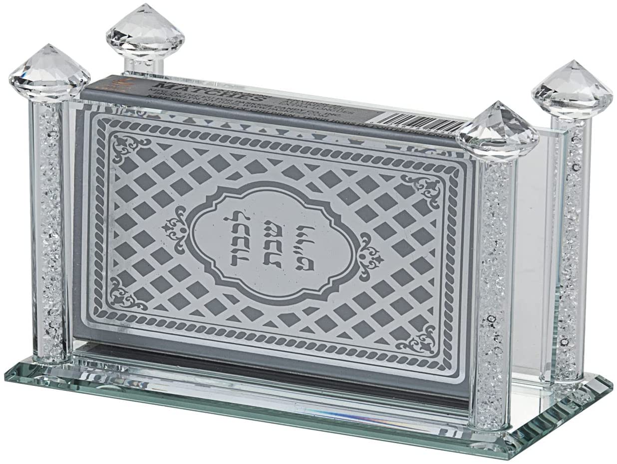 (D) Judaica Match Box Holder Crystal with Crushed Stones 5.25"x2.5