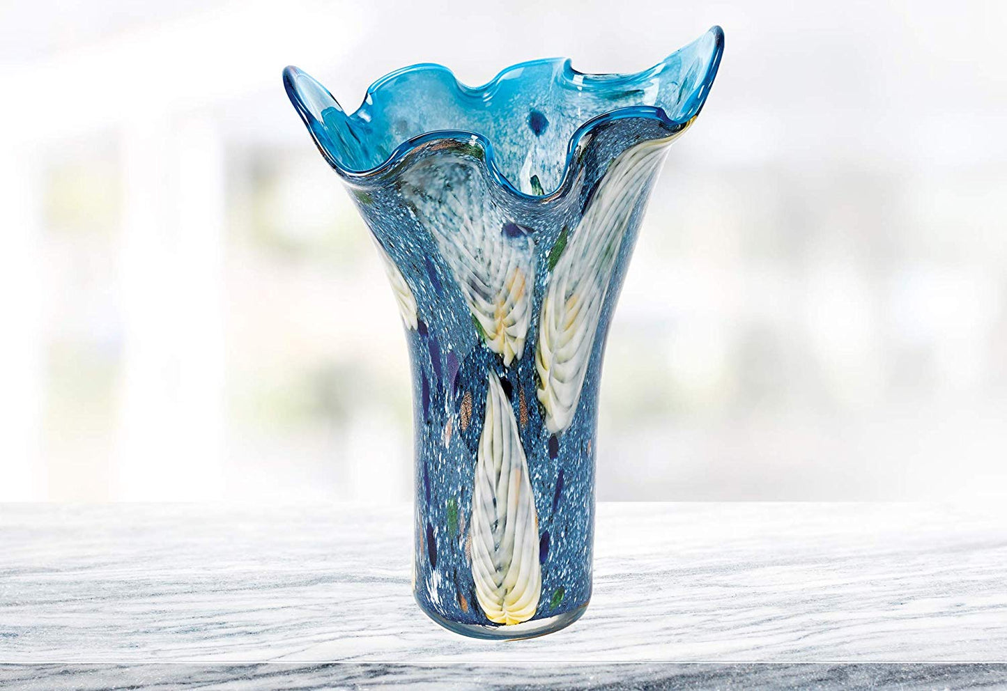 (D) 'Ocean Leaf' Murano Art Glass Decorative Flower Vase 17", Murano Style