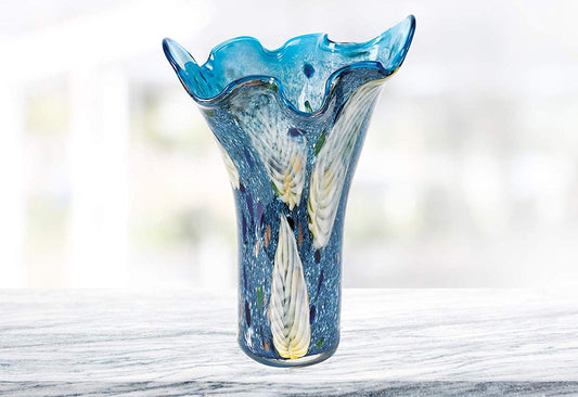 (D) 'Ocean Leaf' Murano Art Glass Decorative Flower Vase 17", Murano Style