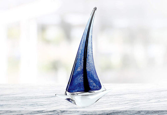 (D) Handcrafted Murano Art Style Glass Ocean Blue Sailboat Figurine 13" on Base