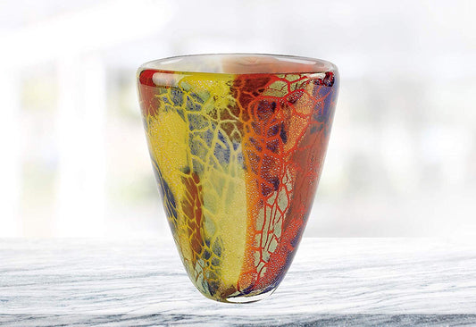 (D) Handcrafted 'Firestorm' Murano Art Glass Decorative Oval Flower Vase 7", Murano Style Artistic Colorful Design