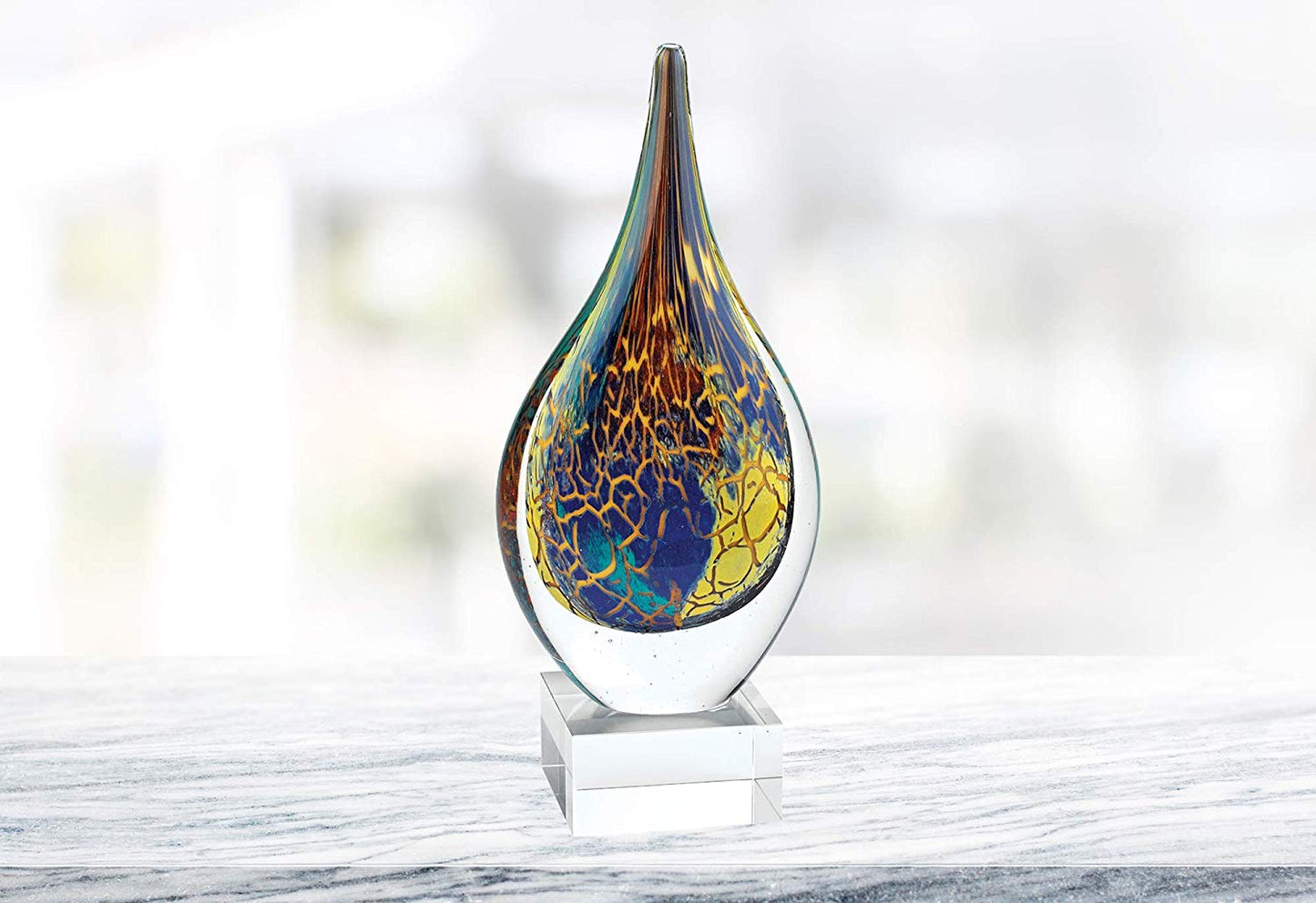 (D) Handcrafted Murano Art Glass 'Firestorm' Teardrop Figurine 12" on Base