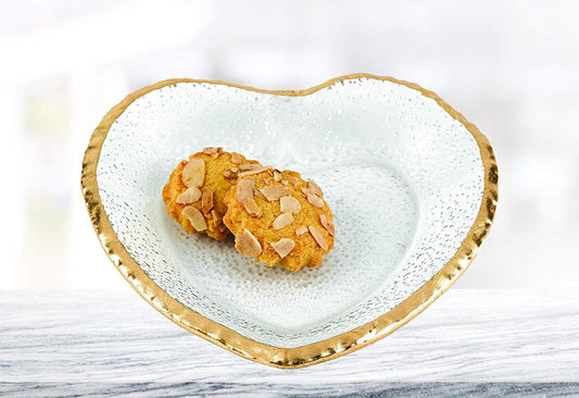 (D) Handcrafted 'Goldedge' 13" Heart-Shaped Glass Serving Platter with Gold Rim