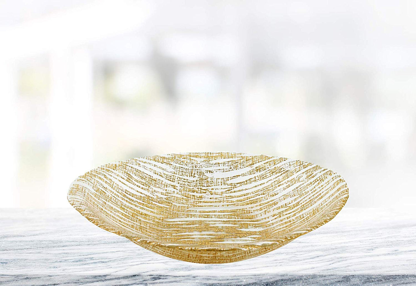 (D) Handcrafted Glass Serving Oval Bowl 15" with Metallic Gold Line Pattern