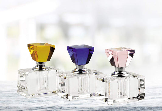 (D) 3 Pc Elegant Round Faceted Crystal Perfume Bottle Set with Rainbow Top Cap