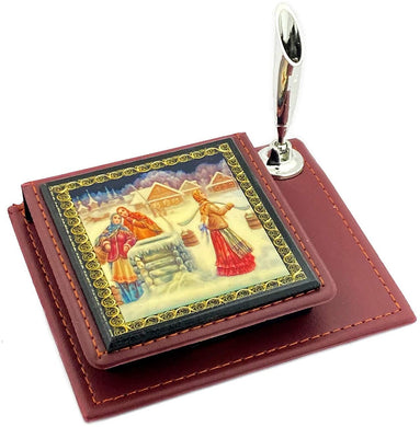 (D) Russian Souvenirs Brown Leather Notepad Holder with Pen Holder