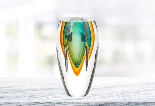 (D) Handcrafted 'Astra' Murano Art Glass Green Decorative Oval Flower Vase 6"