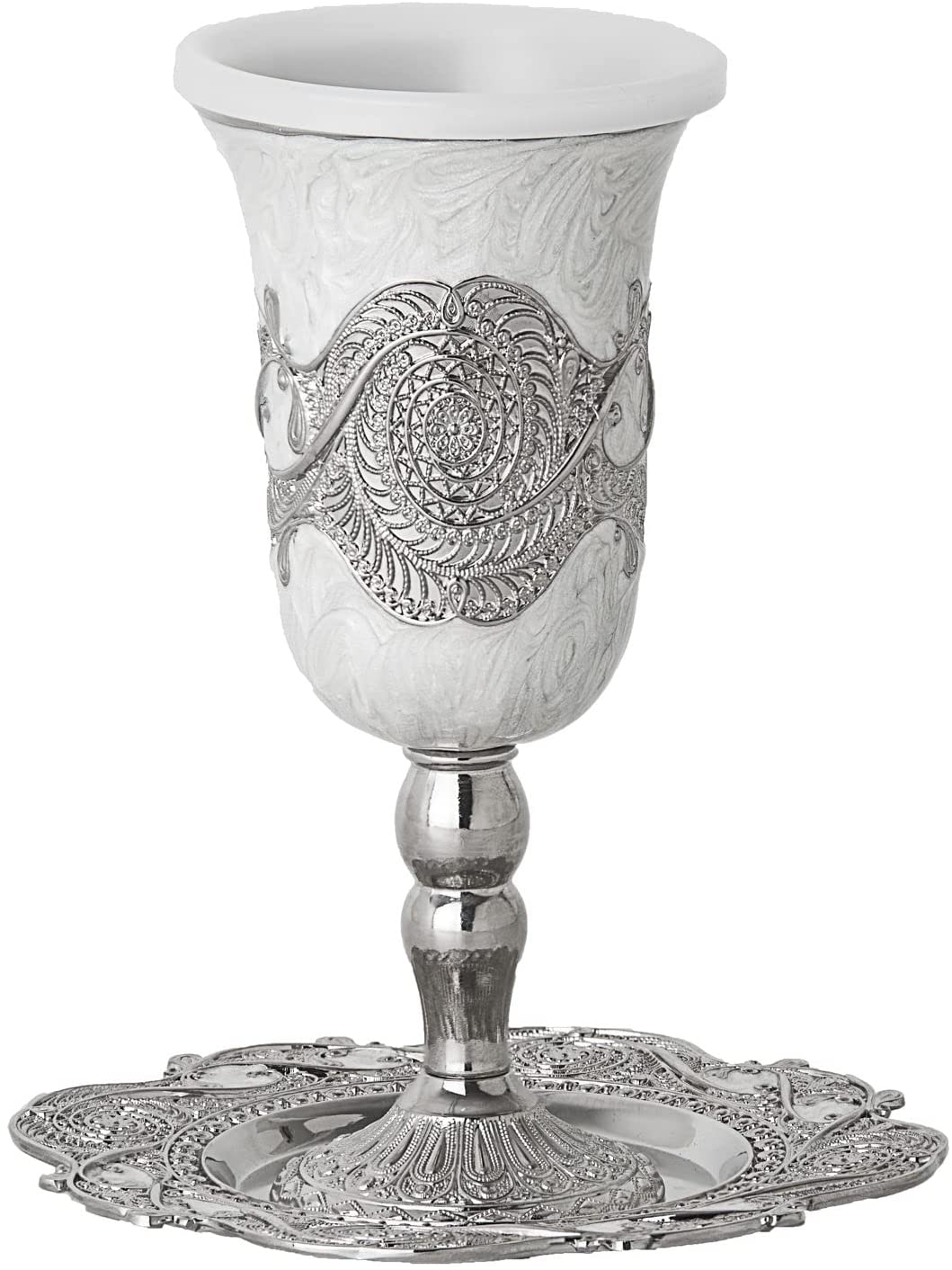 (D) Judaica Kiddush Cup on Base White Enamel with Tray 6.75 H