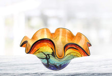 (D) Handcrafted Allura Murano Art Rainbow-Colored Glass Decorative Wavy Bowl 17" D, Murano Style Artistic Colorful Design