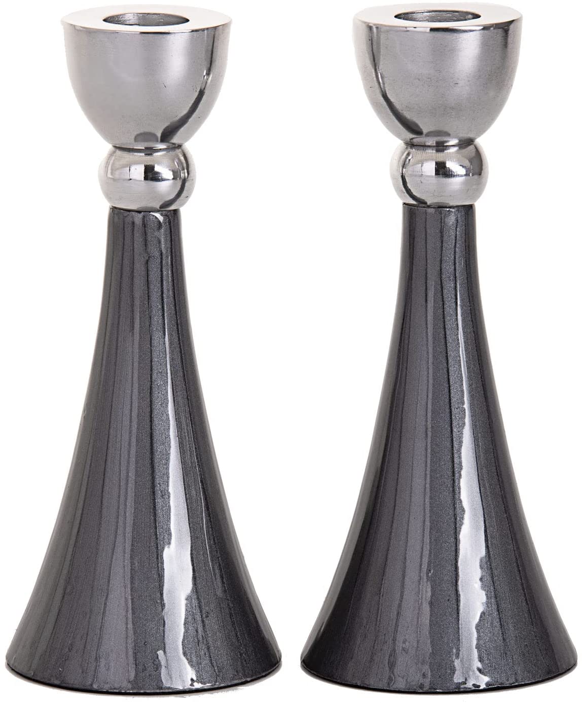 (D) Judaica Candlestick with Stainless Steel Metal 2 pc (Grey)
